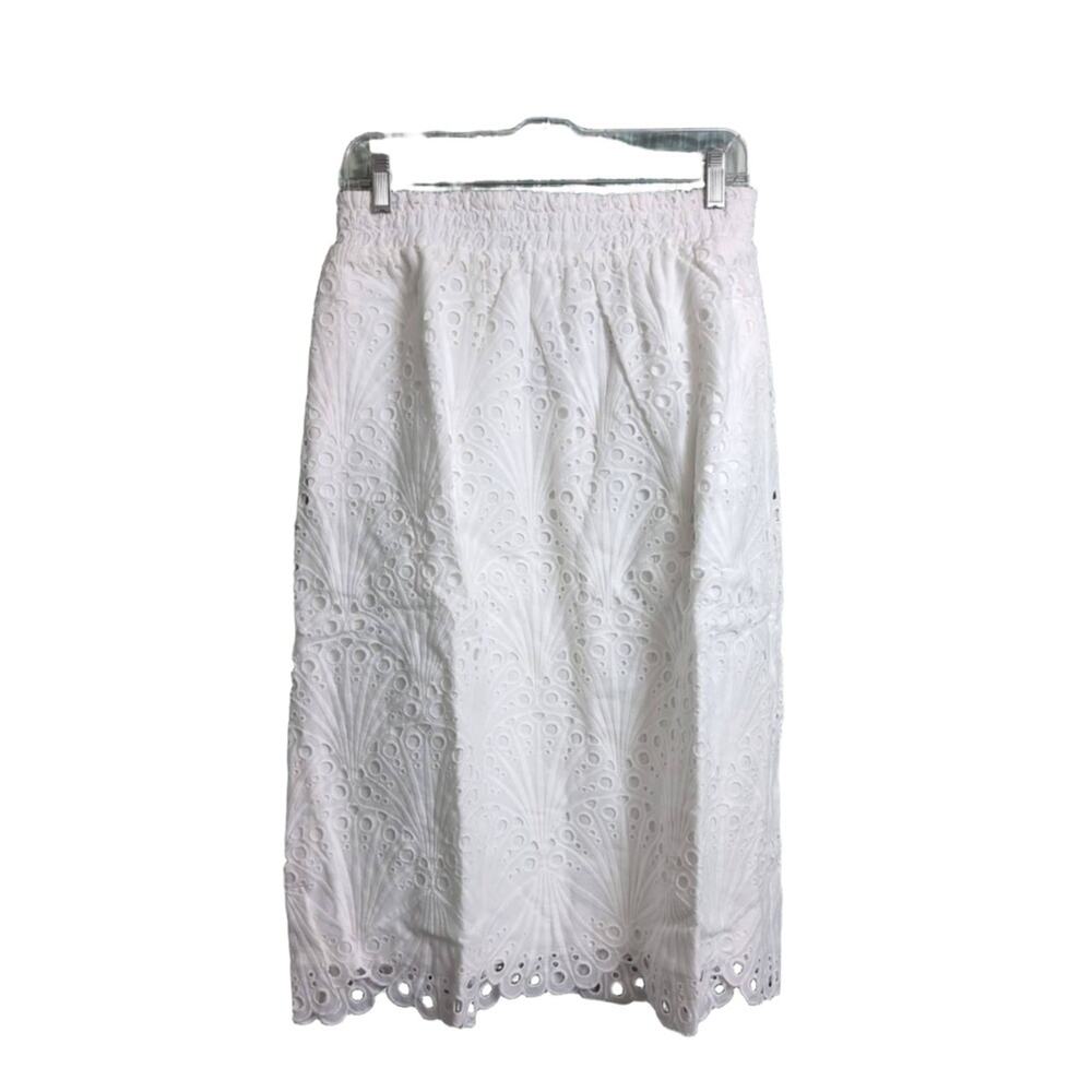 NWT Andie The Mona Skirt White Eyelet Scalloped Elastic Waist Cotton Midi M
